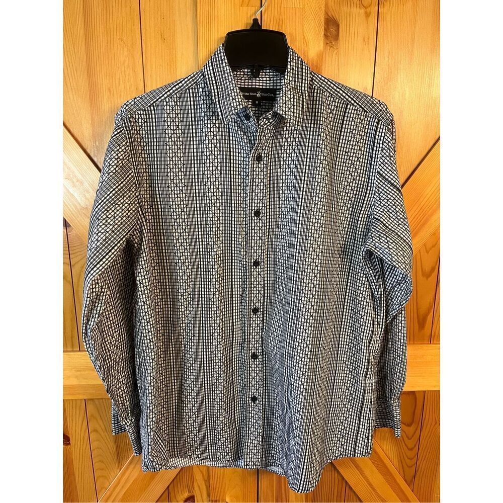 Beverly Hills Polo Club Men's Sz M Button Up Shirt Black Geometric Pattern (3846